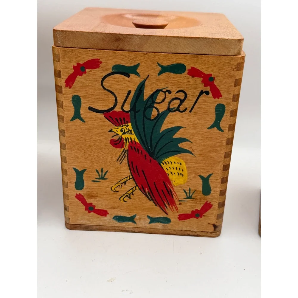 Vintage 50s Wooden Rooster Canister Set HandPainted Mid-Century Japan Kitsch